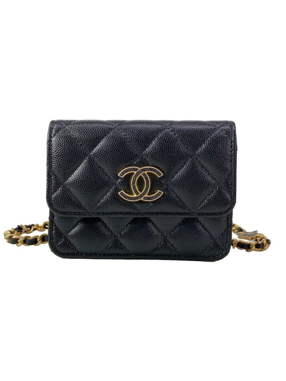 Chanel Waist Pouch Quilted Black Mini Bag Chain Belt Matte Gold